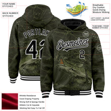 Загрузить изображение в средство просмотра галереи, Custom Olive Black-White Largemouth Bass Fish Fishing 3D Bomber Full-Snap Varsity Letterman Hoodie Jacket
