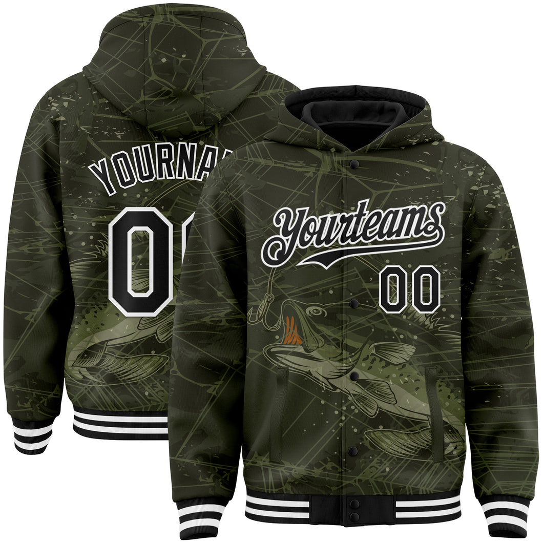 Custom Olive Black-White Largemouth Bass Fish Fishing 3D Bomber Full-Snap Varsity Letterman Hoodie Jacket