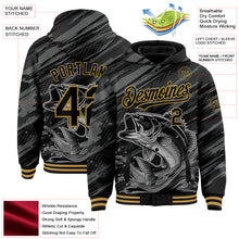 Загрузить изображение в средство просмотра галереи, Custom Black Old Gold Largemouth Bass Fish Fishing 3D Bomber Full-Snap Varsity Letterman Hoodie Jacket
