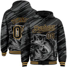 Загрузить изображение в средство просмотра галереи, Custom Black Old Gold Largemouth Bass Fish Fishing 3D Bomber Full-Snap Varsity Letterman Hoodie Jacket
