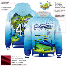 Загрузить изображение в средство просмотра галереи, Custom Lakes Blue White-Royal Mahimah Fish Fishing 3D Bomber Full-Snap Varsity Letterman Hoodie Jacket
