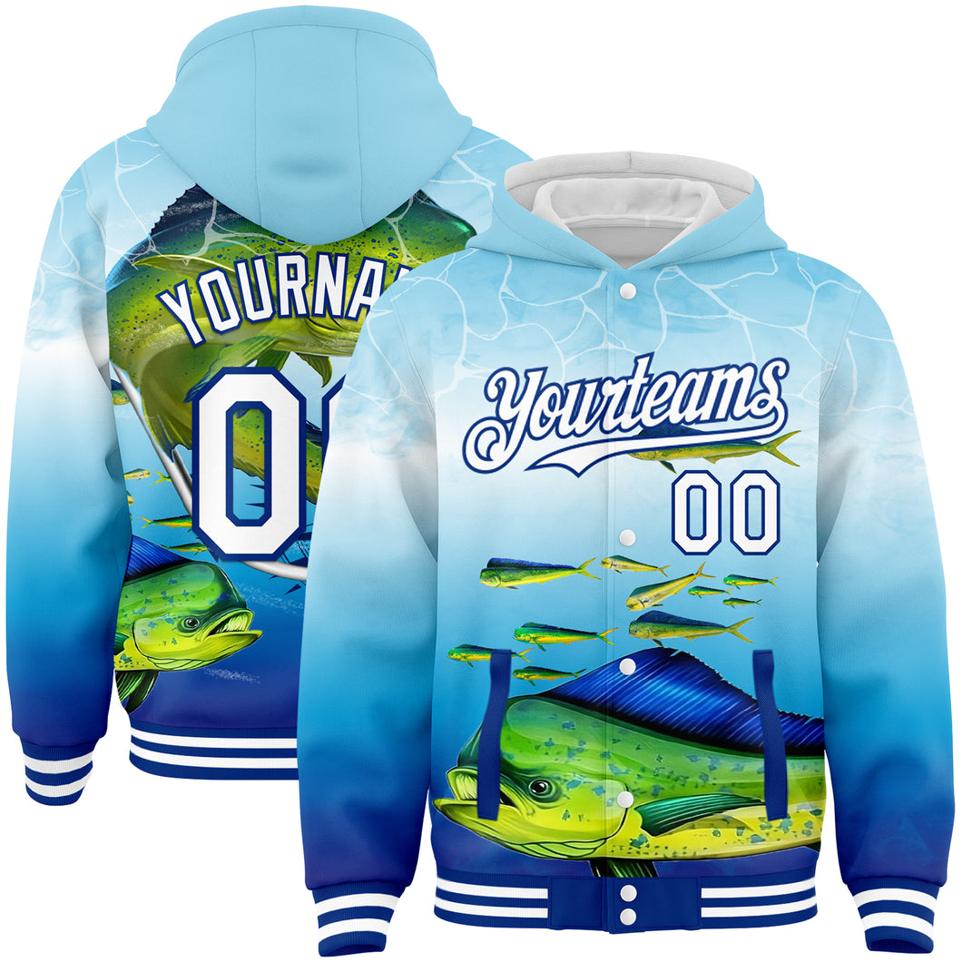 Custom Lakes Blue White-Royal Mahimah Fish Fishing 3D Bomber Full-Snap Varsity Letterman Hoodie Jacket