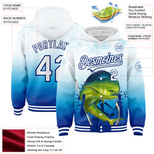 Charger l&#39;image dans la galerie, Custom Lakes Blue White-Royal Mahimah Fish Fishing 3D Bomber Full-Snap Varsity Letterman Hoodie Jacket
