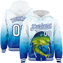 Загрузить изображение в средство просмотра галереи, Custom Lakes Blue White-Royal Mahimah Fish Fishing 3D Bomber Full-Snap Varsity Letterman Hoodie Jacket
