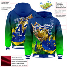 Загрузить изображение в средство просмотра галереи, Custom Royal Neon Green-White Largemouth Bass Fish Fishing 3D Bomber Full-Snap Varsity Letterman Hoodie Jacket
