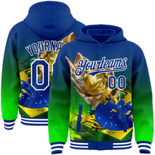 Загрузить изображение в средство просмотра галереи, Custom Royal Neon Green-White Largemouth Bass Fish Fishing 3D Bomber Full-Snap Varsity Letterman Hoodie Jacket
