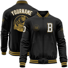 Load image into Gallery viewer, Custom Black White-Old Gold Bomber Varsity Letterman Zipper Jacket
