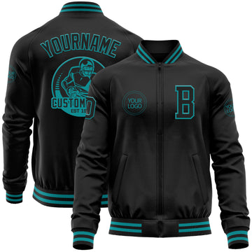 Custom Black Teal Bomber Varsity Letterman Zipper Jacket