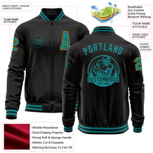 Load image into Gallery viewer, Custom Black Teal-Yellow Bomber Varsity Letterman Zipper Jacket
