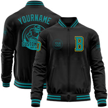 Load image into Gallery viewer, Custom Black Teal-Yellow Bomber Varsity Letterman Zipper Jacket
