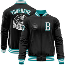 Load image into Gallery viewer, Custom Black White-Teal Bomber Varsity Letterman Zipper Jacket
