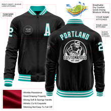 Load image into Gallery viewer, Custom Black White-Aqua Bomber Varsity Letterman Zipper Jacket
