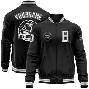 Custom Black White-Gray Bomber Varsity Letterman Zipper Jacket