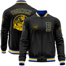 Load image into Gallery viewer, Custom Black Royal-Yellow Bomber Varsity Letterman Zipper Jacket
