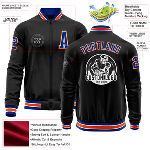 Custom Black Royal-Orange Bomber Varsity Letterman Zipper Jacket