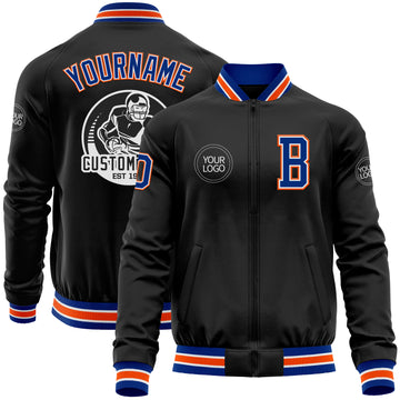 Custom Black Royal-Orange Bomber Varsity Letterman Zipper Jacket