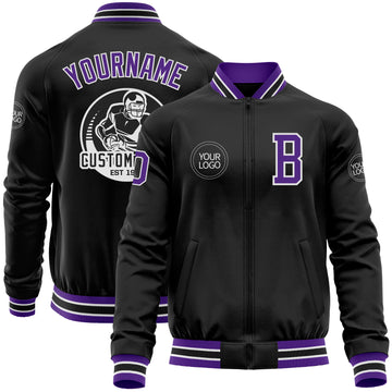 Custom Black Purple-White Bomber Varsity Letterman Zipper Jacket