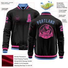 Load image into Gallery viewer, Custom Black Pink-Light Blue Bomber Varsity Letterman Zipper Jacket
