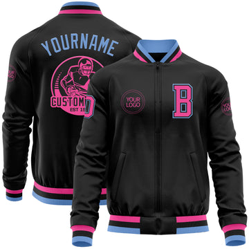 Custom Black Pink-Light Blue Bomber Varsity Letterman Zipper Jacket