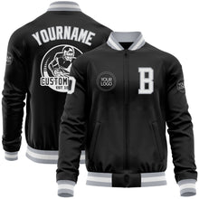 Load image into Gallery viewer, Custom Black White-Gray Bomber Varsity Letterman Zipper Jacket
