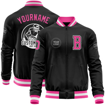 Custom Black Pink-White Bomber Varsity Letterman Zipper Jacket