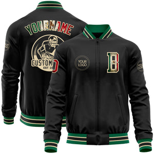 Custom Black Vintage Mexican Flag Cream-Kelly Green Bomber Varsity Letterman Zipper Jacket