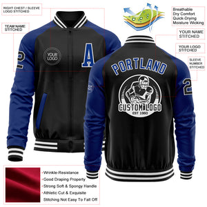 Custom Black Royal-White Bomber Varsity Letterman Two Tone Zipper Jacket