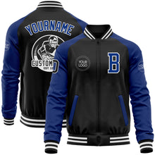 Laden Sie das Bild in den Galerie-Viewer, Custom Black Royal-White Bomber Varsity Letterman Two Tone Zipper Jacket
