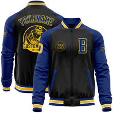 Charger l&#39;image dans la galerie, Custom Black Yellow-Royal Bomber Varsity Letterman Two Tone Zipper Jacket
