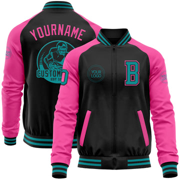 Custom Black Teal-Pink Bomber Varsity Letterman Two Tone Zipper Jacket