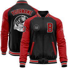 Laden Sie das Bild in den Galerie-Viewer, Custom Black Red-White Bomber Varsity Letterman Two Tone Zipper Jacket
