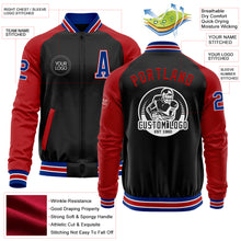 Laden Sie das Bild in den Galerie-Viewer, Custom Black Royal-Red Bomber Varsity Letterman Two Tone Zipper Jacket
