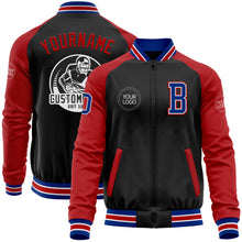 Laden Sie das Bild in den Galerie-Viewer, Custom Black Royal-Red Bomber Varsity Letterman Two Tone Zipper Jacket
