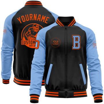 Custom Black Orange-Light Blue Bomber Varsity Letterman Two Tone Zipper Jacket