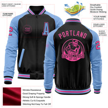 Laden Sie das Bild in den Galerie-Viewer, Custom Black Pink-Light Blue Bomber Varsity Letterman Two Tone Zipper Jacket
