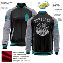 Laden Sie das Bild in den Galerie-Viewer, Custom Black Teal-Gray Bomber Varsity Letterman Two Tone Zipper Jacket
