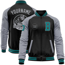 Laden Sie das Bild in den Galerie-Viewer, Custom Black Teal-Gray Bomber Varsity Letterman Two Tone Zipper Jacket
