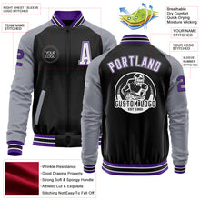 Charger l&#39;image dans la galerie, Custom Black Purple-Gray Bomber Varsity Letterman Two Tone Zipper Jacket
