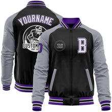 Laden Sie das Bild in den Galerie-Viewer, Custom Black Purple-Gray Bomber Varsity Letterman Two Tone Zipper Jacket
