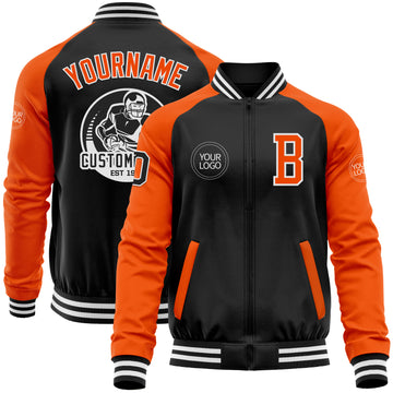 Custom Black Orange-White Bomber Varsity Letterman Two Tone Zipper Jacket