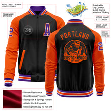 Laden Sie das Bild in den Galerie-Viewer, Custom Black Purple-Orange Bomber Varsity Letterman Two Tone Zipper Jacket
