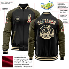 Charger l&#39;image dans la galerie, Custom Black Vintage USA Flag Olive-Cream Bomber Varsity Letterman Two Tone Zipper Jacket
