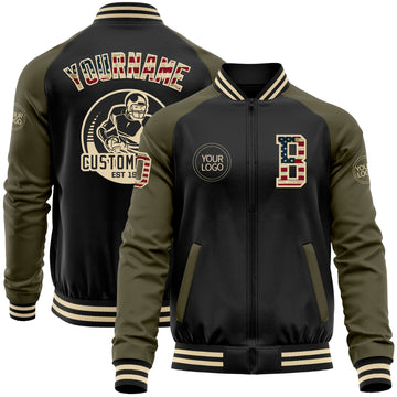 Custom Black Vintage USA Flag Olive-Cream Bomber Varsity Letterman Two Tone Zipper Jacket