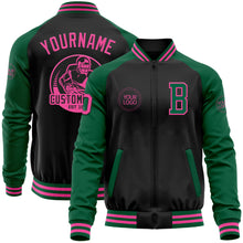 Загрузить изображение в средство просмотра галереи, Custom Black Pink-Kelly Green Bomber Varsity Letterman Two Tone Zipper Jacket
