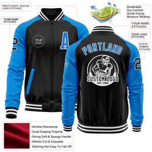 Custom Black Powder Blue-White Bomber Varsity Letterman Two Tone Zipper Jacket