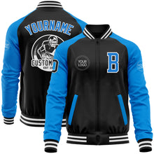 Load image into Gallery viewer, Custom Black Powder Blue-White Bomber Varsity Letterman Two Tone Zipper Jacket
