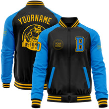 Load image into Gallery viewer, Custom Black Gold-Powder Blue Bomber Varsity Letterman Two Tone Zipper Jacket
