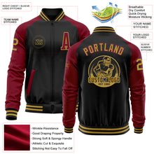 Загрузить изображение в средство просмотра галереи, Custom Black Old Gold-Crimson Bomber Varsity Letterman Two Tone Zipper Jacket
