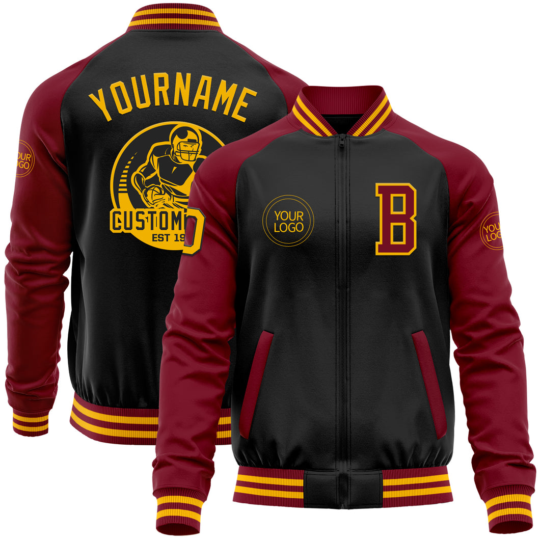 Custom Black Gold-Crimson Bomber Varsity Letterman Two Tone Zipper Jacket