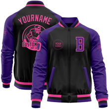 Charger l&#39;image dans la galerie, Custom Black Pink-Purple Bomber Varsity Letterman Two Tone Zipper Jacket
